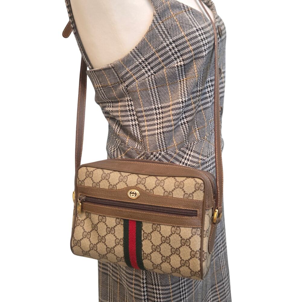 Gucci GG Supreme Web Stripe Crossbody Bag Beige Brown Italy Ophidia Vintage - Picture 3 of 15